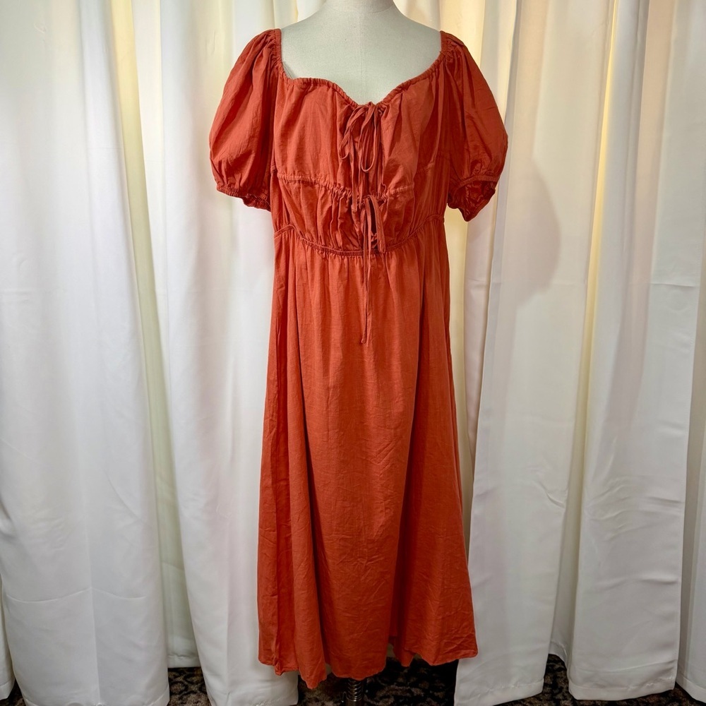 NWOT SHEIN Burnt Orange Tie-Bust Puff-Sleeve Cotton Gauze Milkmaid Dress Size 4X